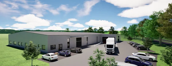 Visualisierung der geplanten Produktions- und Lagerhalle in Gütersloh mit Ladebereich, Zufahrt und Pkw-Stellplätzen.